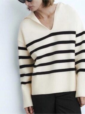 Zara Black and Cream V-Neck Sweater